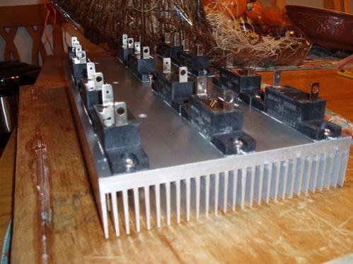 high voltage three phase rectifier bank for the 3cx3000a7 mobile amp, all mounted to a nice heatsink
