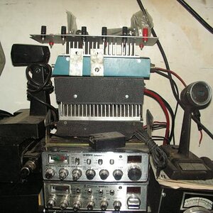 My radio stack in the radio shack.  There is a GrantXL, CObra 148GTL, some liears, and the corner of a Siltronix VFO for a SBE Console II - and the SB