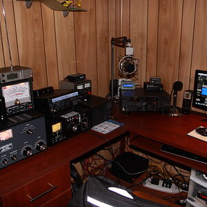 From Left to right: AL-80B, DL2K Dummy Load, Pro 2051 Scanner, MFJ-868 Meter, Yaesu FT-847, AT2KD Tuner, Yaesu 5400 Controller, SP-2000, EZR Controlle