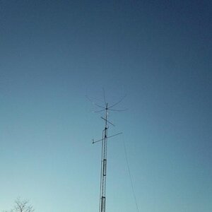 Hex up on the tower. Below the Hex is a VHF/UHF combination Beam: Gulf Alpha 2M vert/horz 7element with 440 10 element vert.