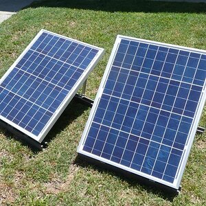 These are a couple of 40-watt multi-crystalline solar panels I purchased from DiscountSolar (on ebay) last year. Free shipping, but CA tax. These were