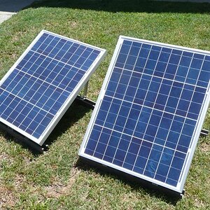 These are a couple of 40-watt multi-crystalline solar panels I purchased from DiscountSolar (on ebay) last year. Free shipping, but CA tax. These were
