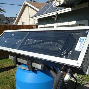 Close-up of the new solar collector. It works better than the solar pool collector used in the first experiment, but still not hot enough. I'll try co