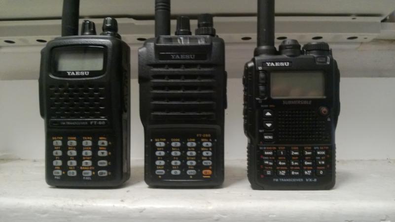Front-view comparison of the Yaesu FT-60R, FT-250R and VX-8DR (from left to right)