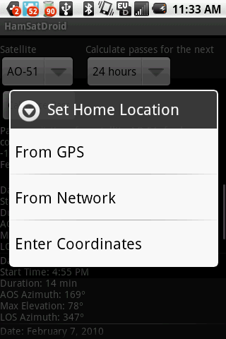 HamSatDroid  Home Location Options