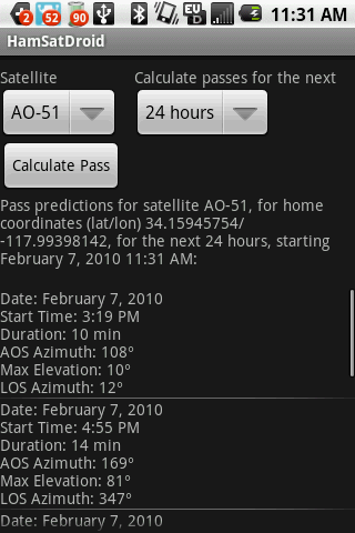 HamSatDroid Main screen