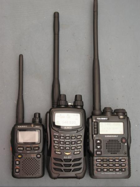 Yaesu VX-2, Alinco DJ-G7, Yaesu VX-8r for size comparison